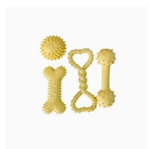 A pack of 4 assorted styles of dog chew toys for puppies and small/medium dogs.